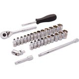 1/4" Drive 28 Piece 6 Point, SAE/Metric Standard Socket Set, 3/16" - 9/16" , 4mm - 15mm