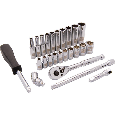 1/4" Drive 25 Piece 6 Point, SAE Standard/Deep Socket Set, 3/16" - 9/16"