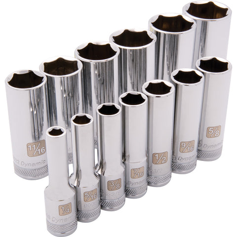 3/8" Drive 13 Piece 6 Point, Deep SAE Socket Set, 1/4" - 1"