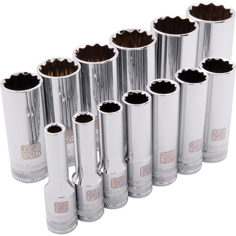 3/8" Drive 13 Piece 12 Point, Deep SAE Socket Set, 1/4" - 1"