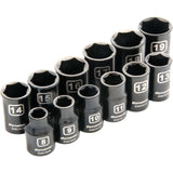 3/8" Drive 12 Piece 6 Point Metric, Standard Impact Socket Set, 8mm - 19mm