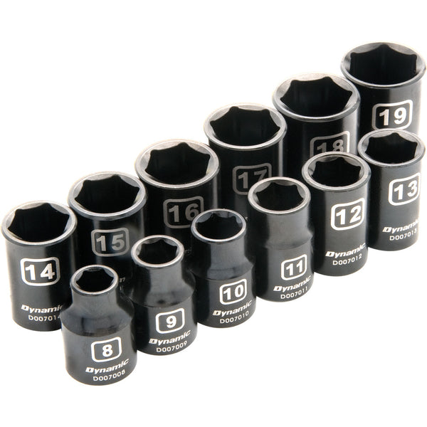 3/8" Drive 12 Piece 6 Point Metric, Standard Impact Socket Set, 8mm - 19mm