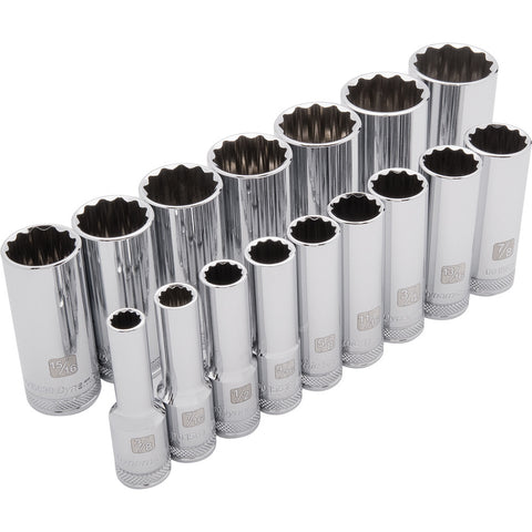 1/2" Drive 16 Piece 12 Point Deep, SAE Socket Set, 3/8" - 1-5/16"