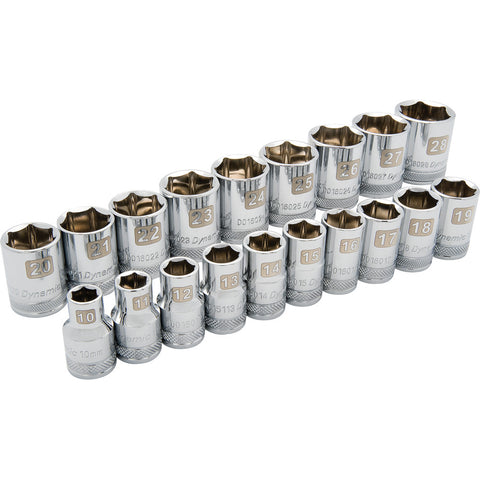 1/2" Drive 19 Piece 6 Point Standard, Metric Socket Set, 10mm - 28mm