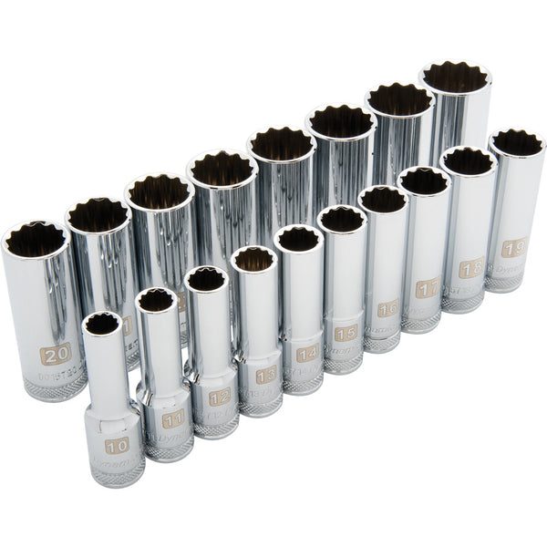 1/2" Drive 18 Piece 12 Point Deep, Metric Socket Set, 10mm - 27mm