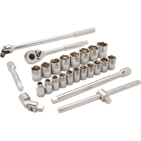 1/2" Drive 25 Piece 6 Point Standard, Metric Socket Set, 10mm - 28mm