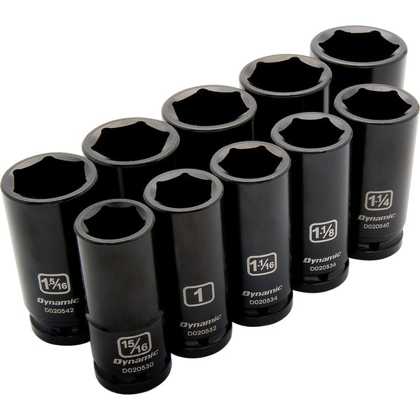 3/4" Drive 10 Piece 6 Point, Deep Length, Impact SAE Socket Set, 15/16" - 1-5/8"