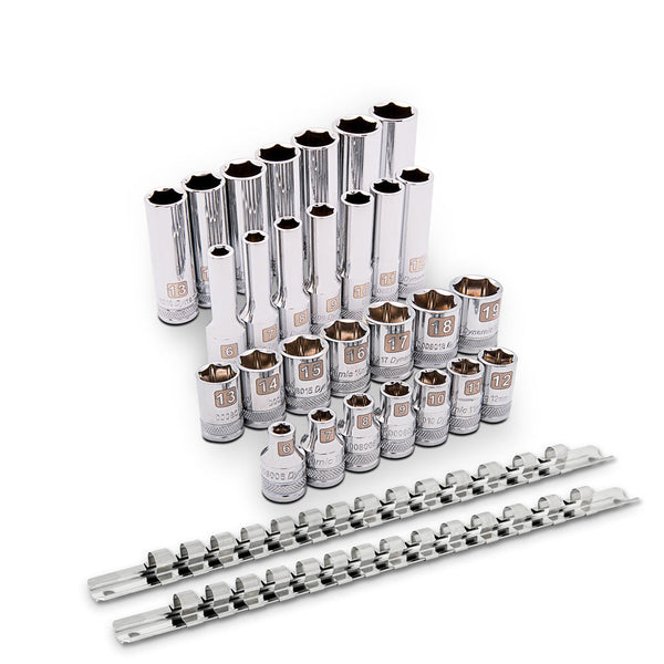 3/8" Drive Socket Set, 28 Pieces, Standard & Deep Length, 6 Point, Metric, 6mm - 19mm