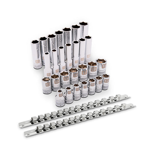 3/8" Drive Socket Set, 28 Pieces, Standard & Deep Length, 6 Point, Metric, 6mm - 19mm