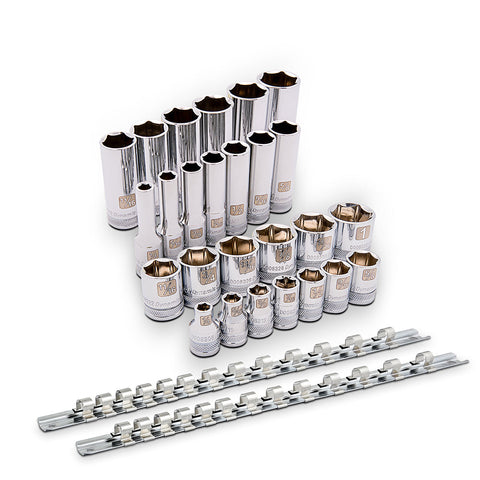3/8" Drive Socket Set, 26 Pieces, Standard & Deep Length, 6 Point, SAE, 1/4" - 1"